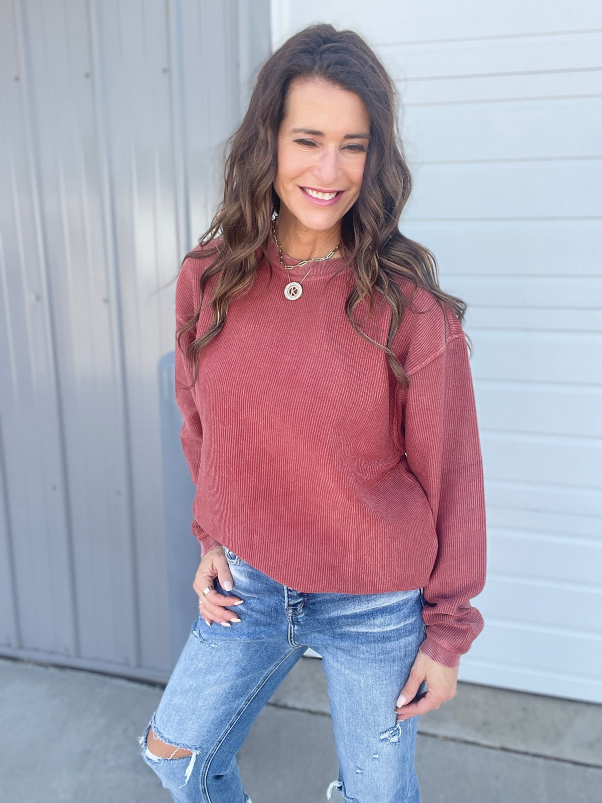 Fired Brick Snow Washed Corded Crewneck Pullover Sweatshirt