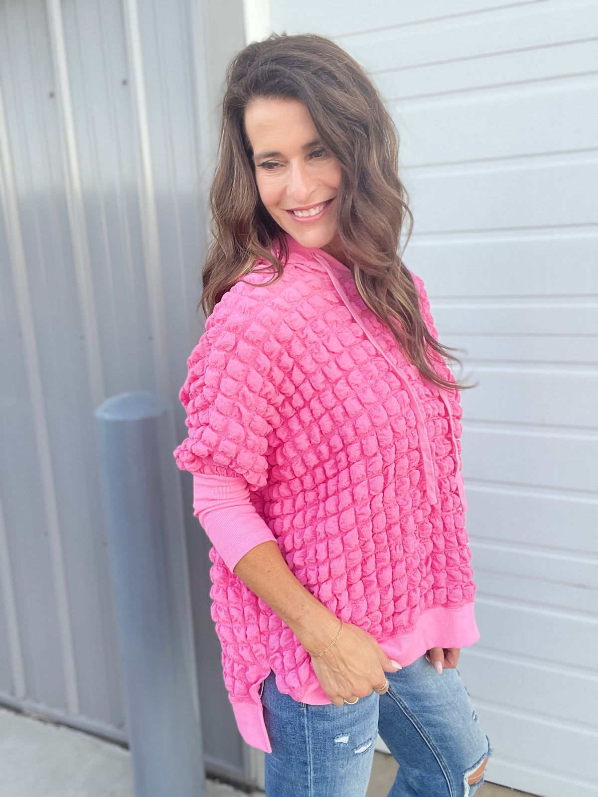 Bubbly Bliss Loose Fit Bubble Hoodie In 3 Colors: Black, Pink, Teal *Final Sale*