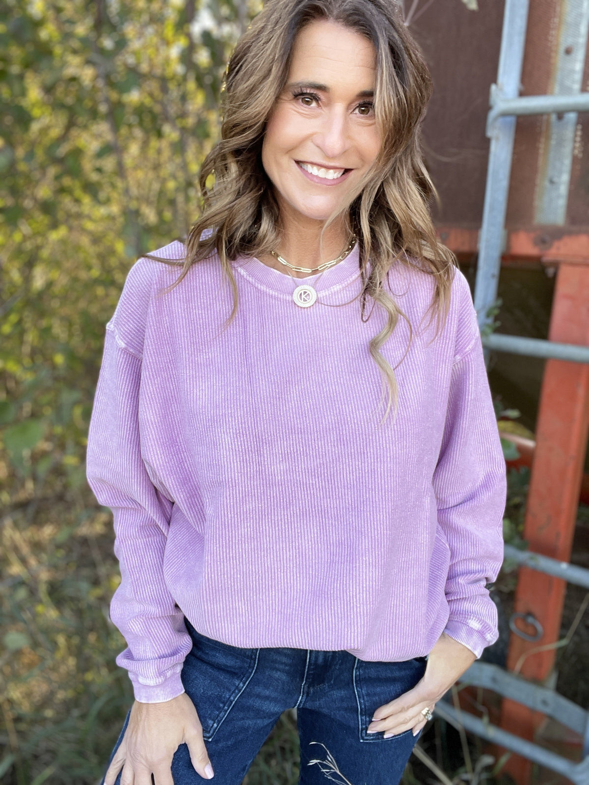 Snow Washed Essential Corded Crew Sweatshirt in Deep Pink