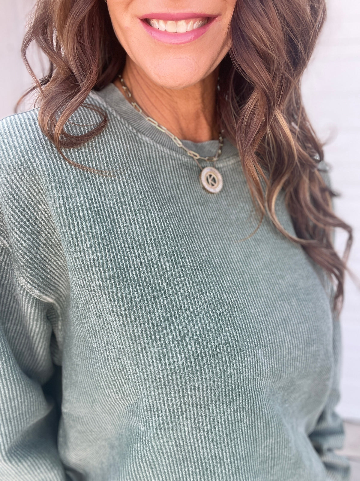 Forest Green Snow Washed Corded Crewneck Pullover Sweatshirt