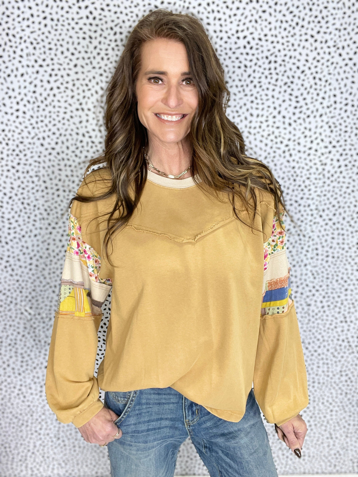 Stay Forever Print Mix Pullover In Camel *Final Sale*