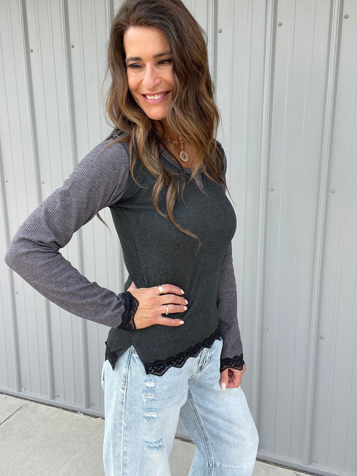 POL Effortless Style Lace Thermal Top In 4 Colors: Charcoal, Mauve, Red, Cream *Final Sale*