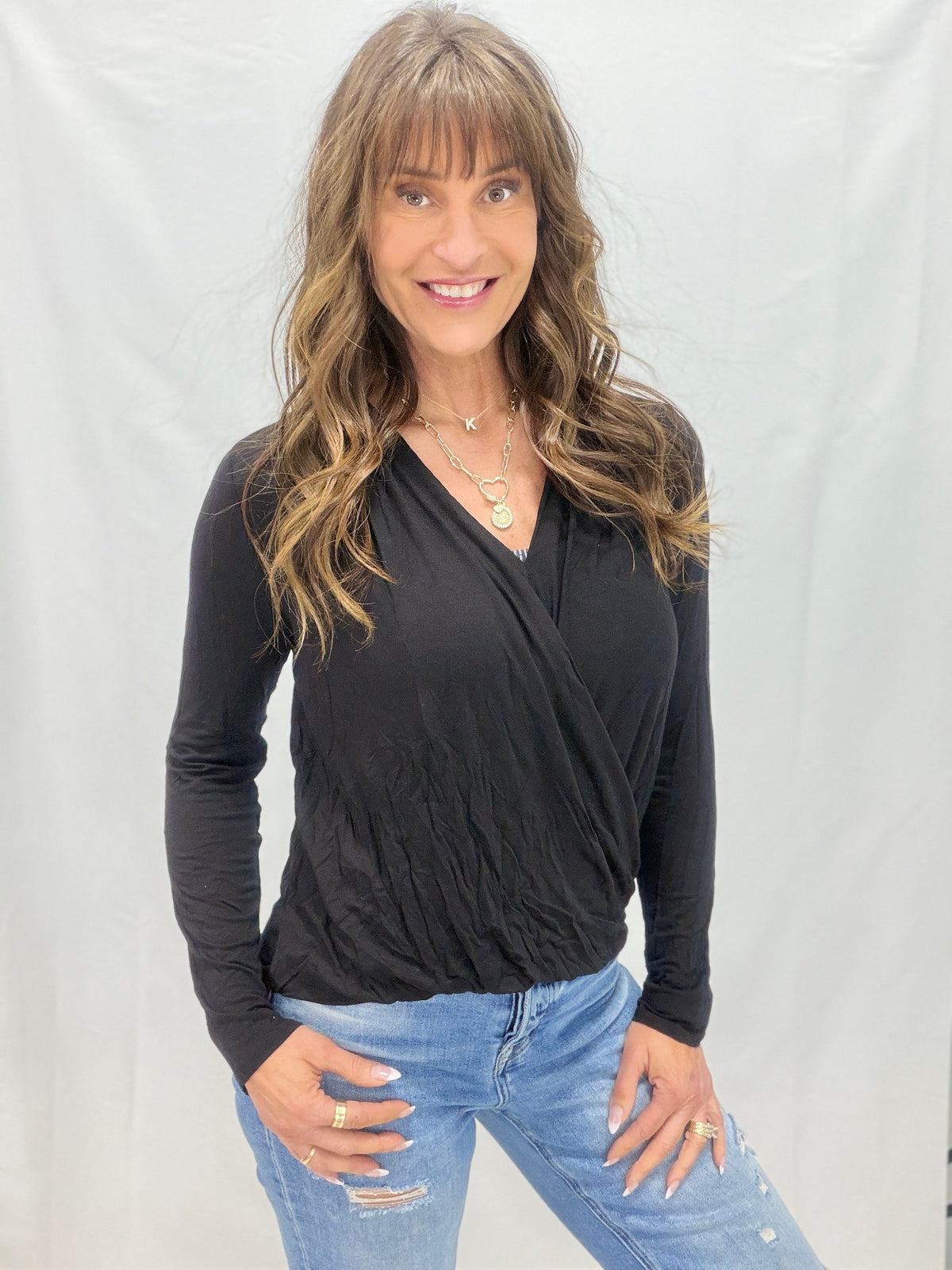 Cross Over Delight Bloused Hem Top in Black *Final Sale*