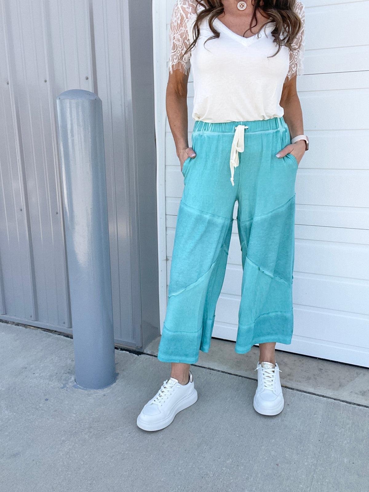 Pol Play Date Loose Wide Leg Cropped Pants In 7 Colors: Aqua, Lilac, Grey, Pink, Beige, Black, Desert Sage *Final Sale*