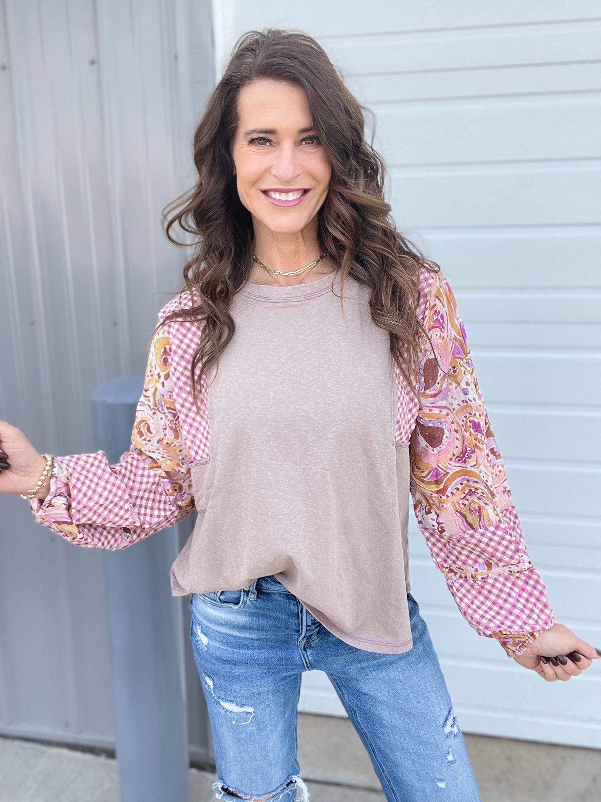 Show Me Around Mix Print Top In 5 Colors: Grey, Khaki, Camel, Olive, Mushroom *Final Sale*