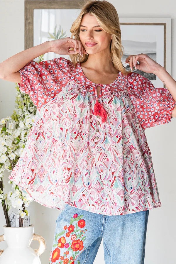 Oli & Hali Wildflower Breeze Puff Short Sleeve Top In 2 Colors