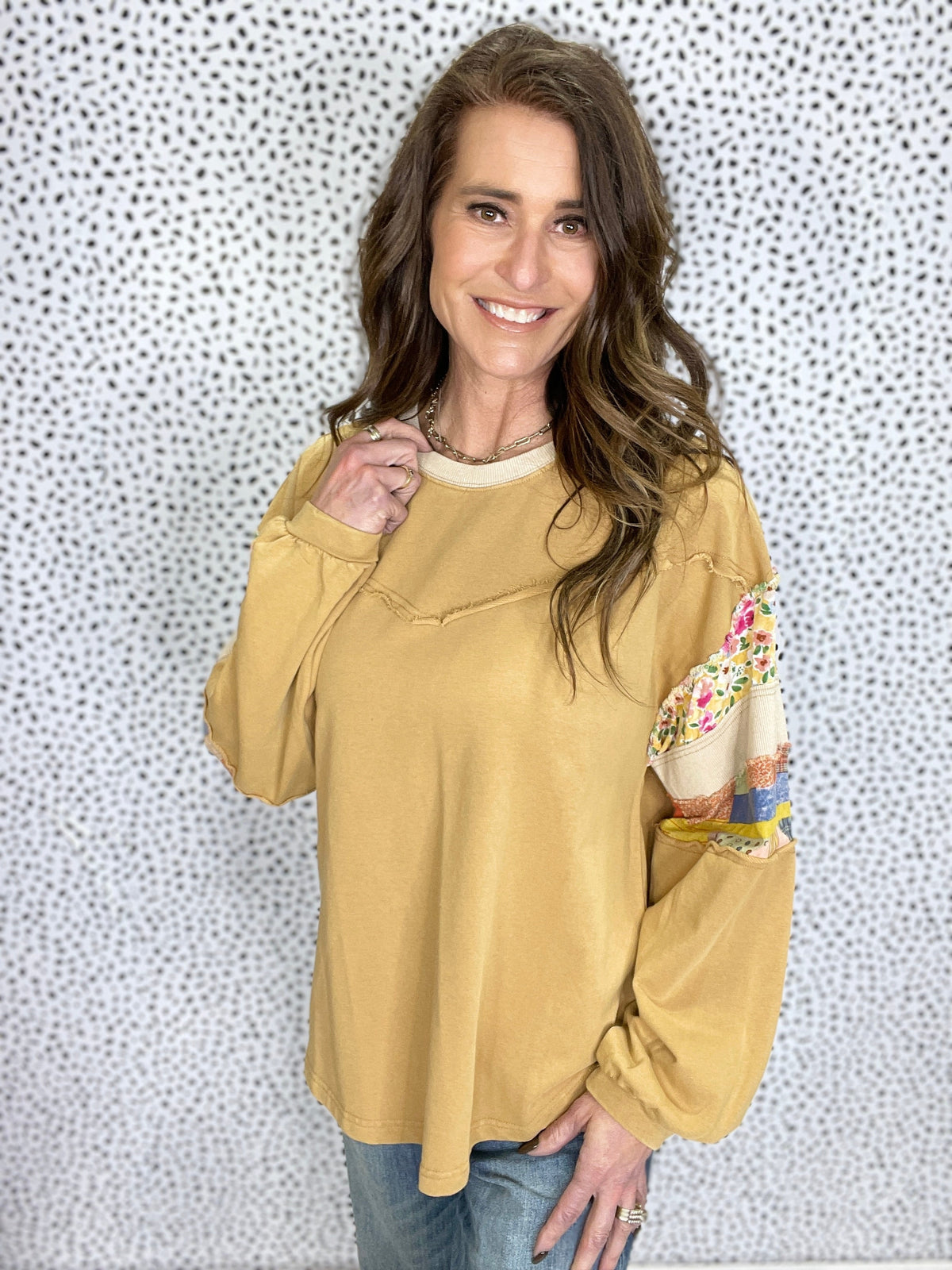 Stay Forever Print Mix Pullover In Camel *Final Sale*