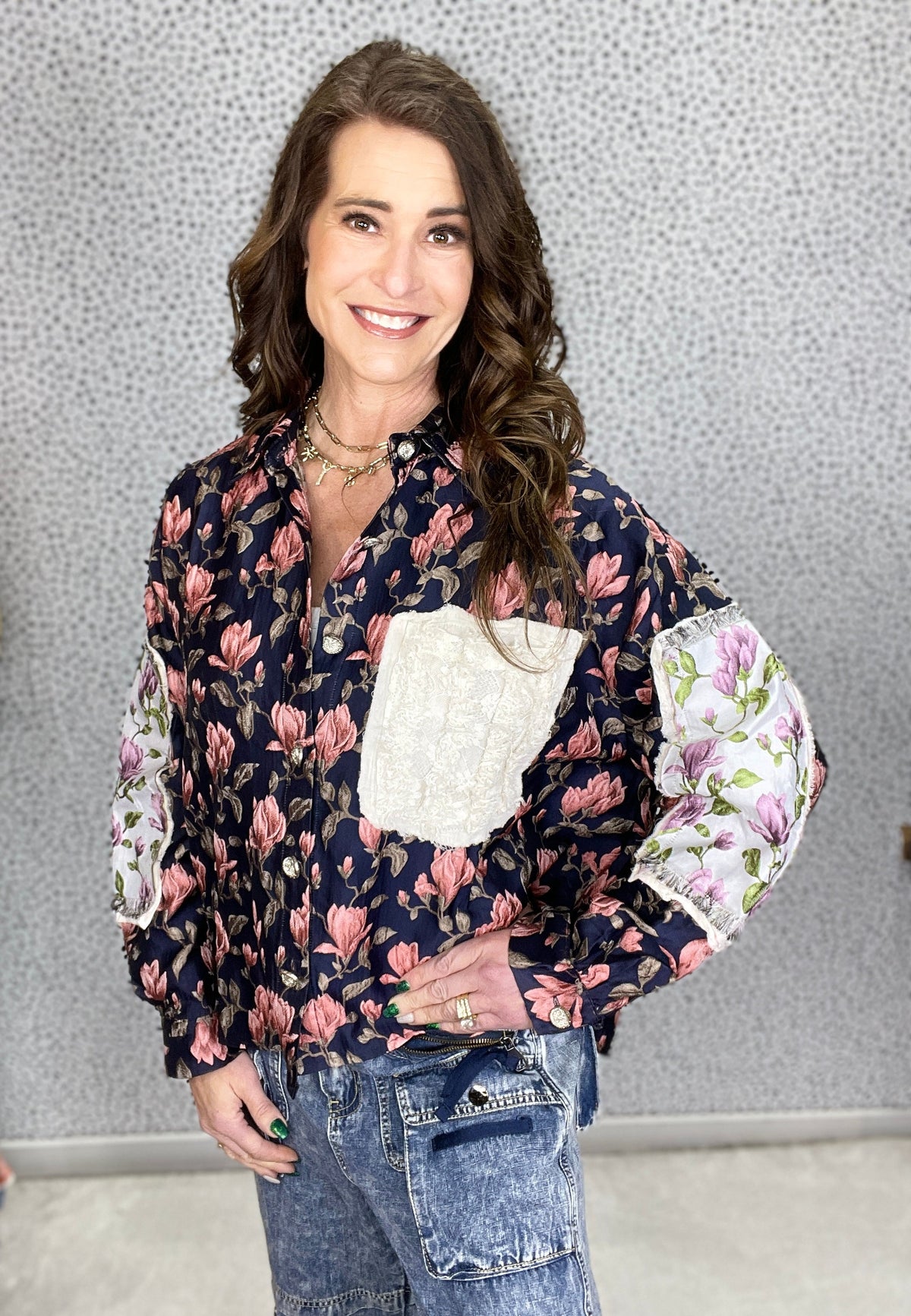 POL Talk To Me Contrast Floral Paneled Shacket *Final Sale*