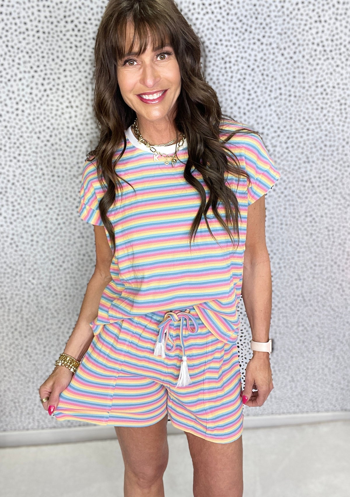 Gracie P Pink Stripe Crew Neck Shirt & Tasseled Drawstring Short Set *Final Sale*