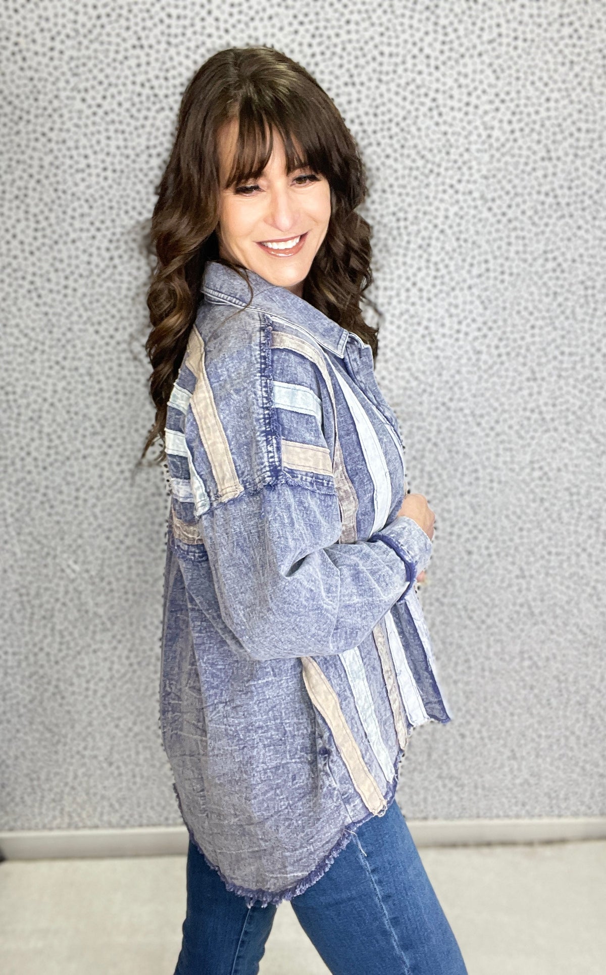 Oli & Hali Steal Your Thunder Stripe Button Down Top In Denim *Final Sale*