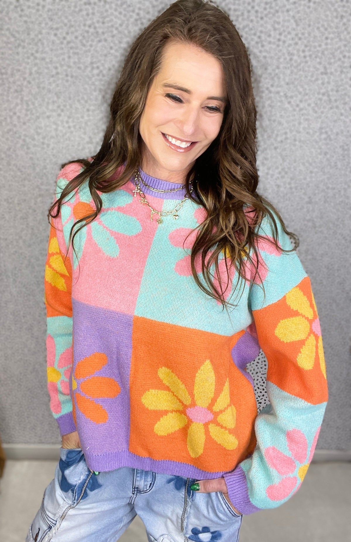 Happy Girl Flower Color Block Sweater In 3 Colors *Final Sale*