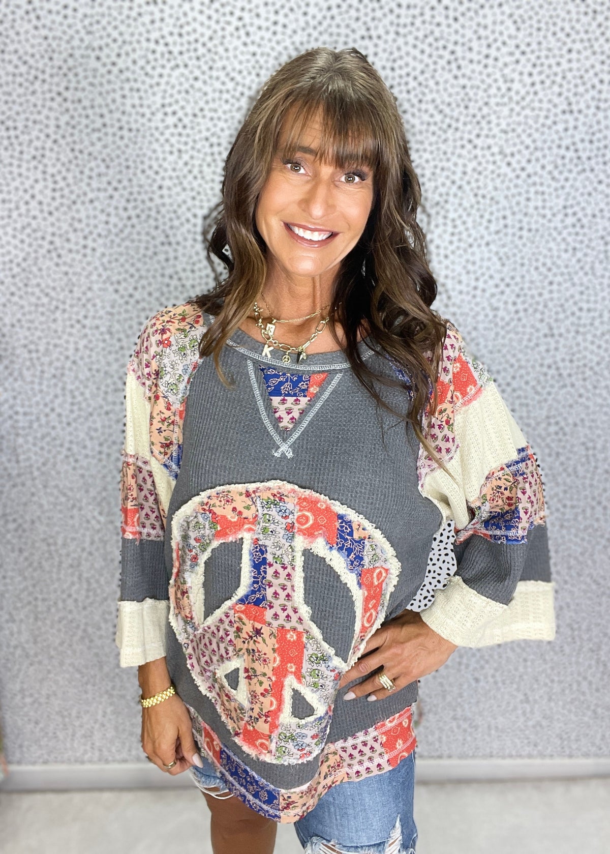 POL Patchwork Peace Times Top In Charcoal *Final Sale*