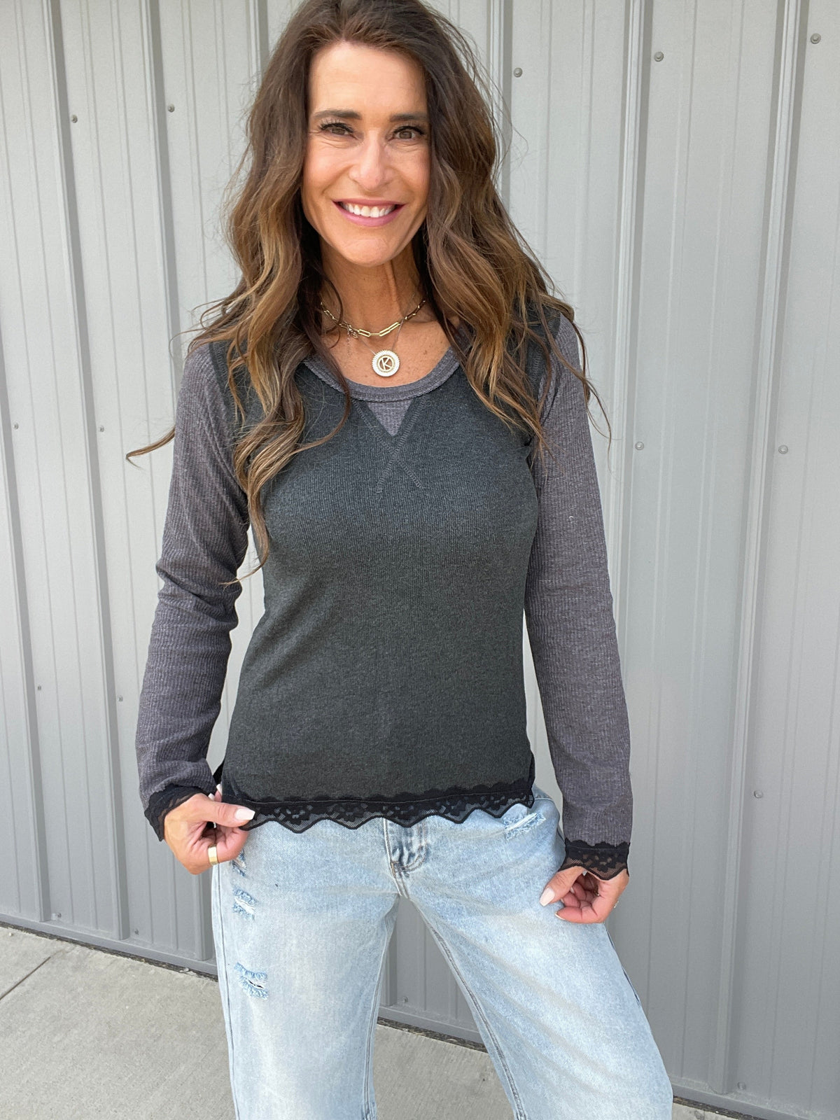 POL Effortless Style Lace Thermal Top In 4 Colors: Charcoal, Mauve, Red, Cream *Final Sale*