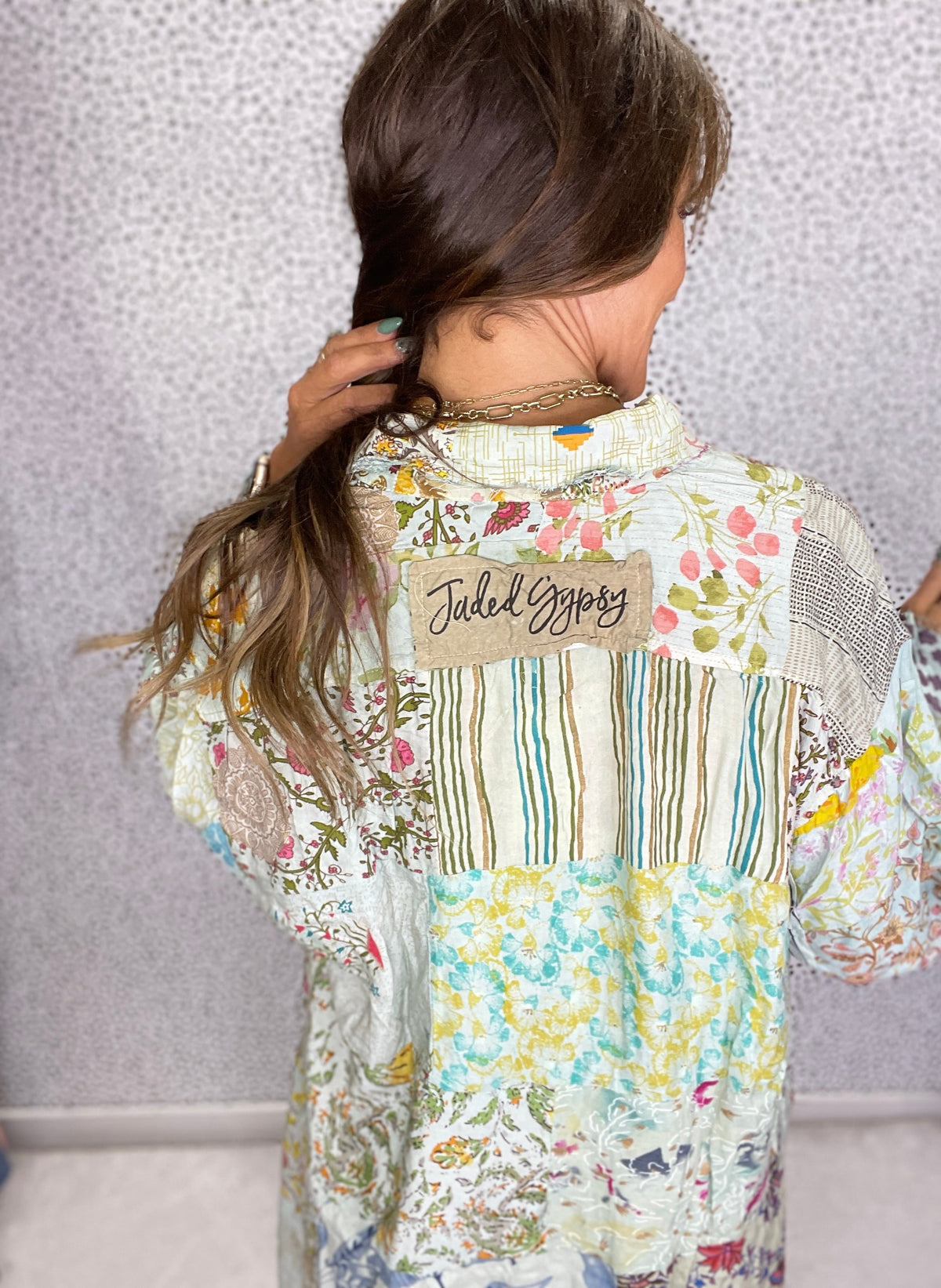Jaded Gypsy Boho Meadow Patchwork Button-Up In Sage