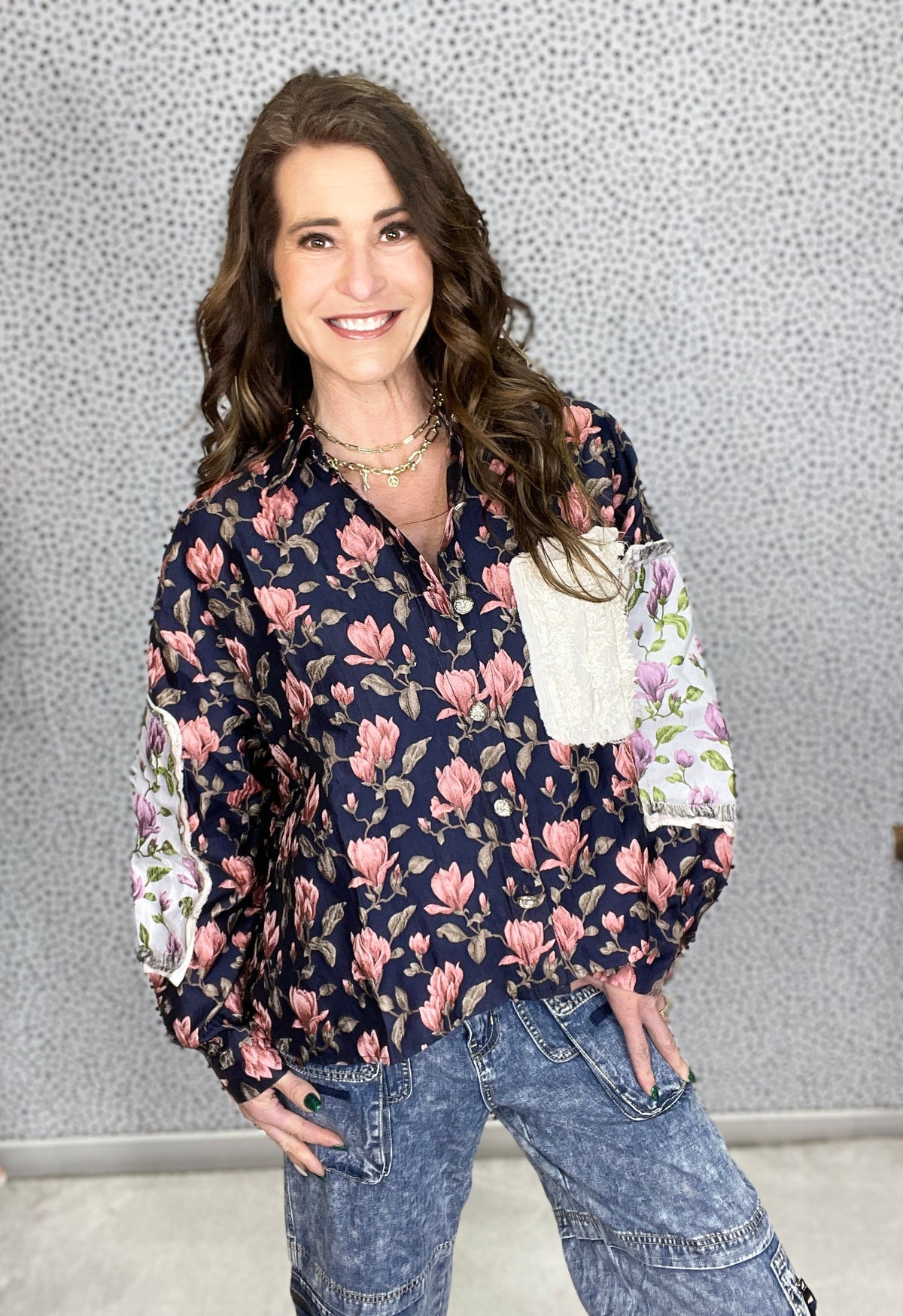 POL Talk To Me Contrast Floral Paneled Shacket *Final Sale*