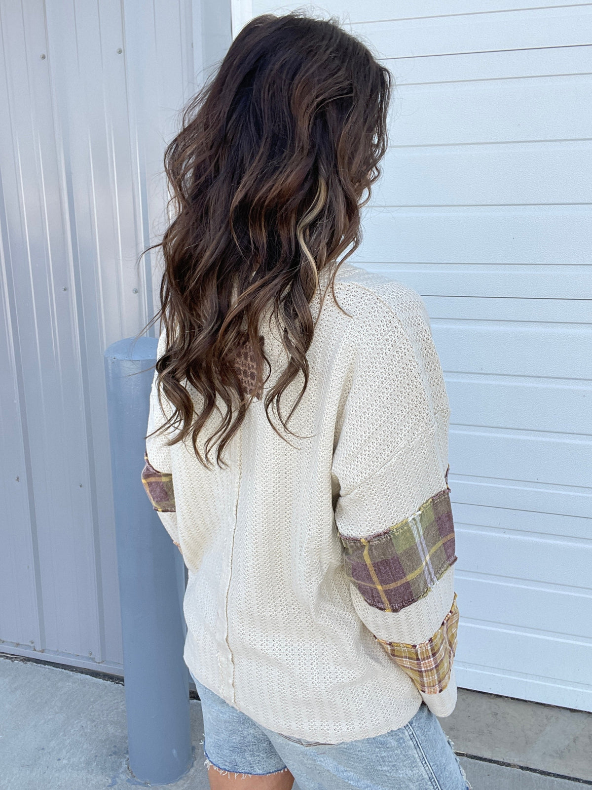 Oli & Hali Nothing But Peace Plaid Mix Long Sleeve Top In 2 Colors: Navy, Creme *Final Sale*