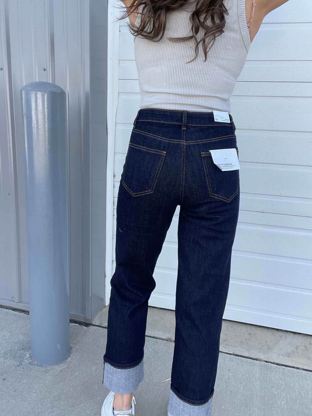 Bayeas Ashley Dark Blue Denim Non Distress High Rise Straight Leg with Rolled Hem 182