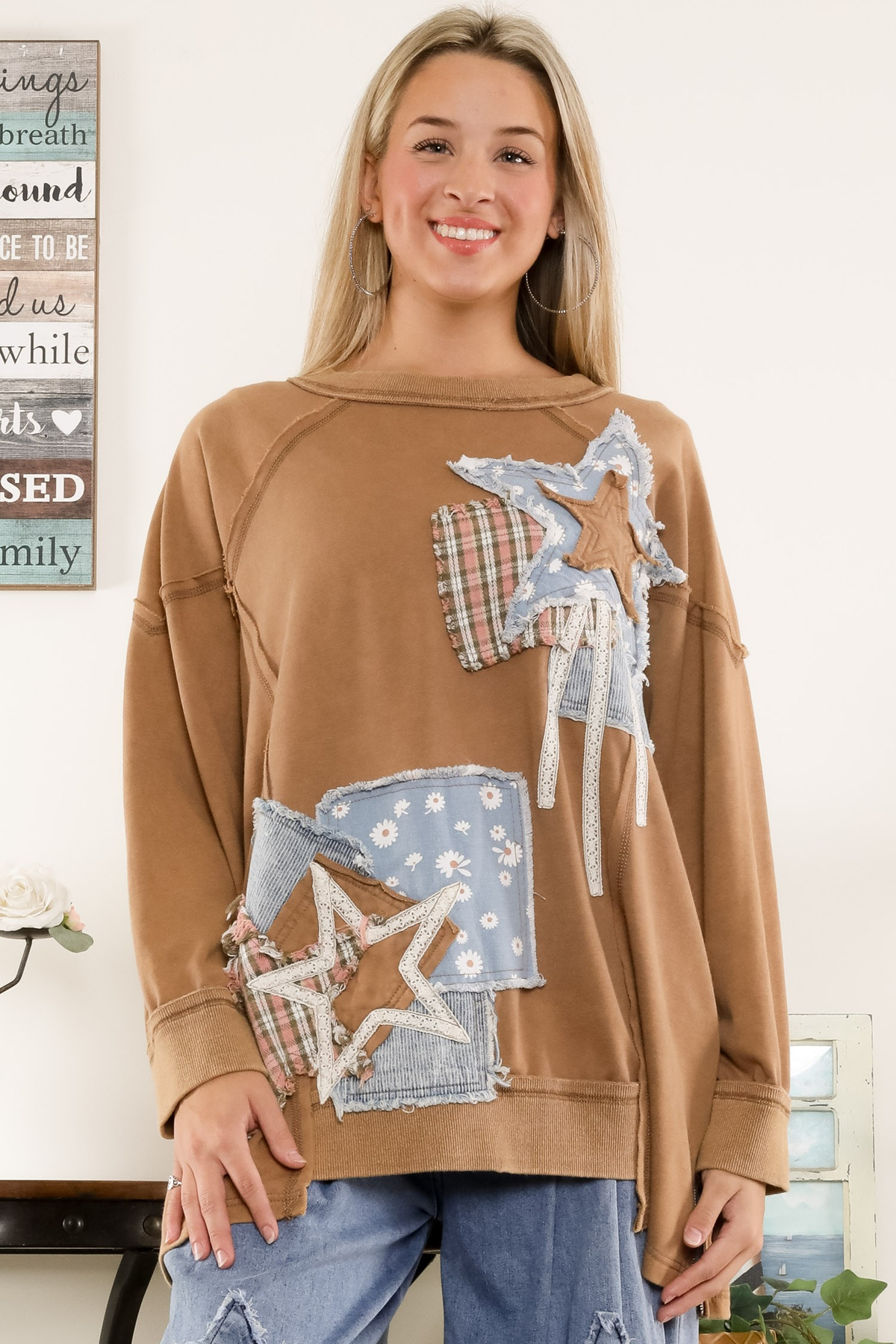 Wish Upon A Star Washed Patchwork Long Sleeve Top In 3 Colors