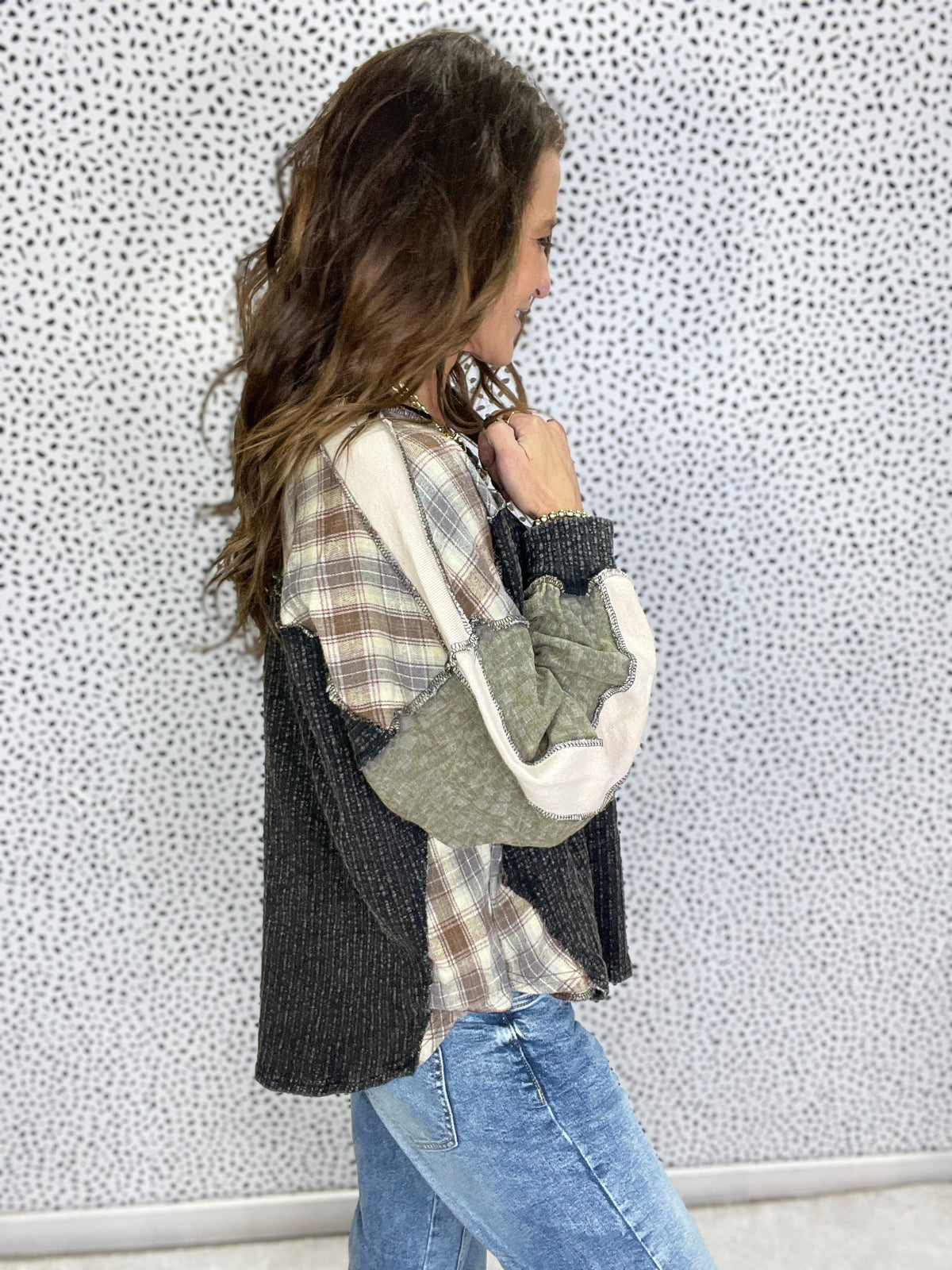 Oli & Hali Many Places Washed Plaid Mix Oversize Top In Black