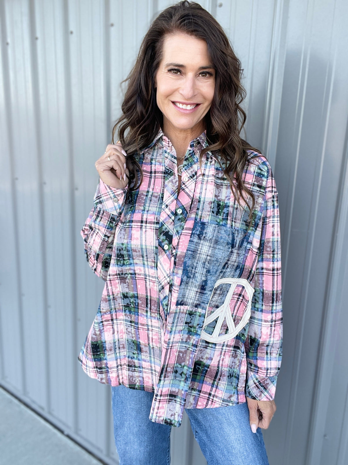 POL Groovy Grid Long Sleeve Plaid Cotton Button Up Top In 2 Colors: Blue, Pink *Final Sale*