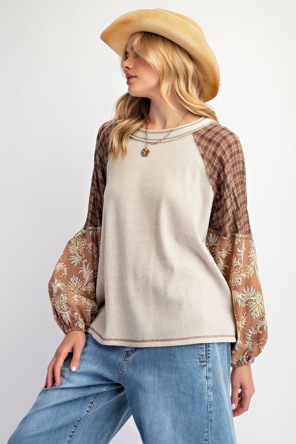 Mix It All Up Rib Knit Print Top In Stone *Final Sale*