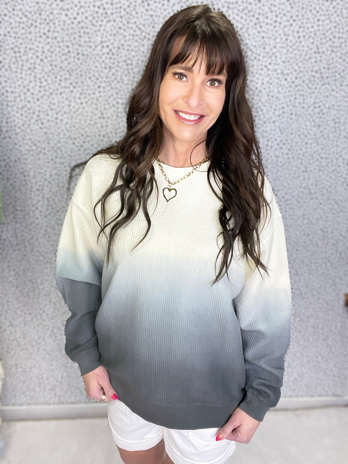 Ombre Spring Snow Washed Corded Crewneck Pullover Sweatshirt-3 Colors
