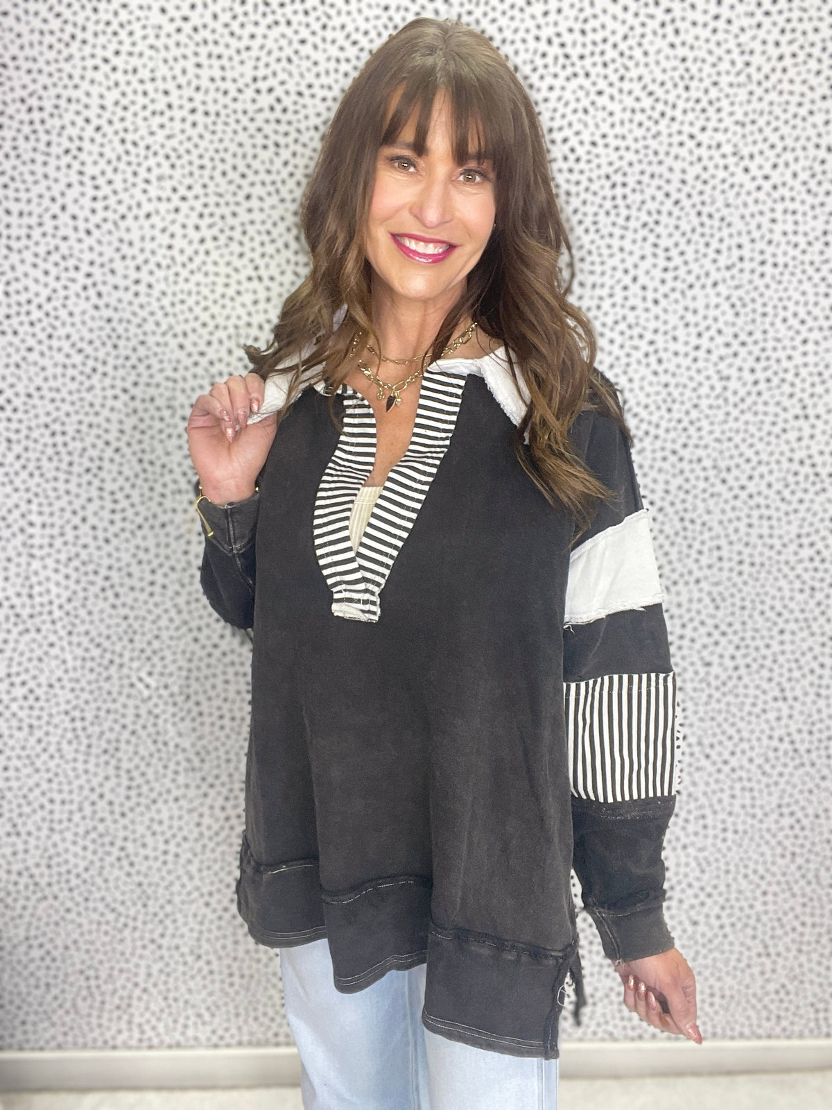 Cherished Dreams Washed Multi Fabric Collar T-Shirt In Black *Final Sale*