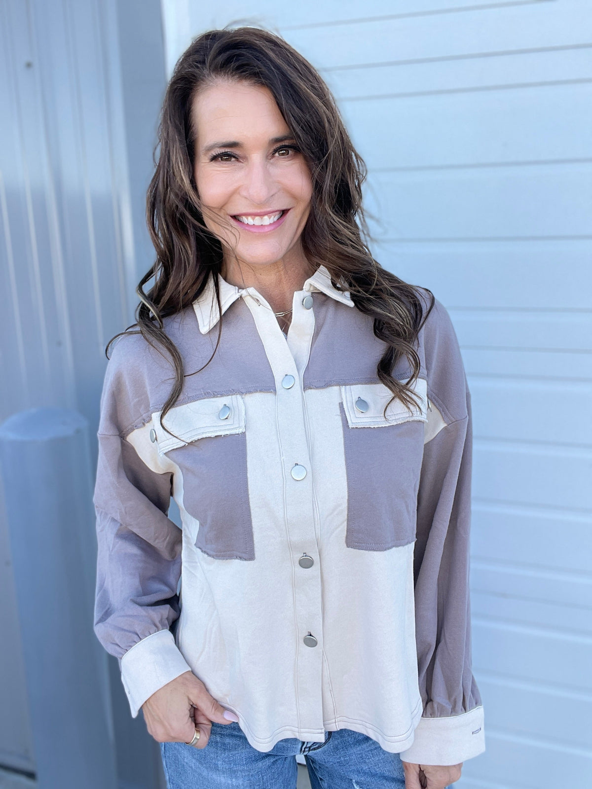 Urban Chill Colorblock Shacket In 2 Colors: Ash, Matcha