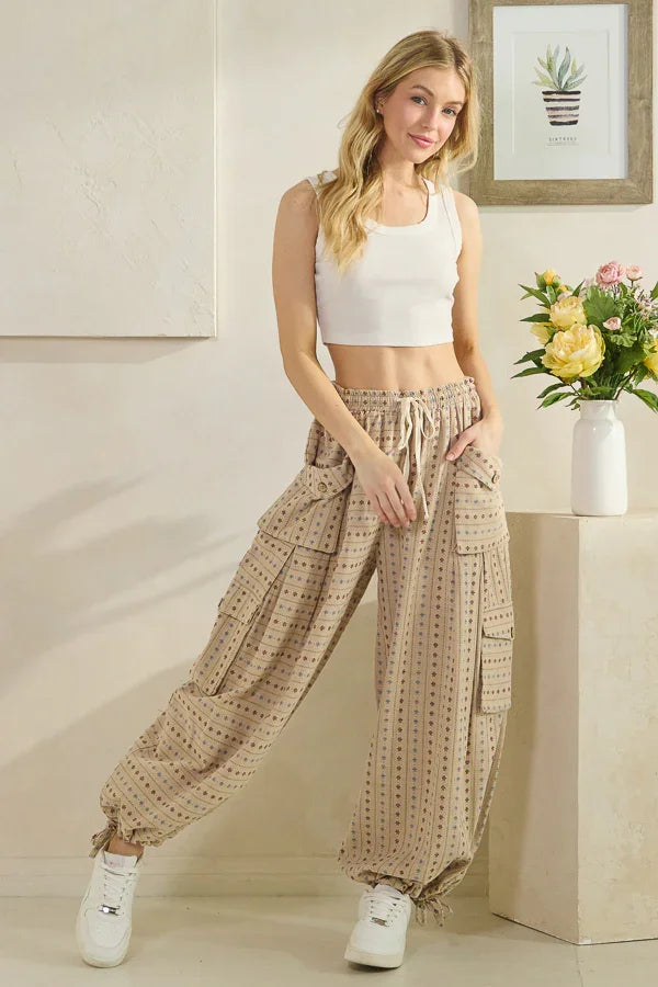 Oli & Hali WASHED 3D POCKET FLOWER PATTERN WIDE LEG PANTS *Final Sale*