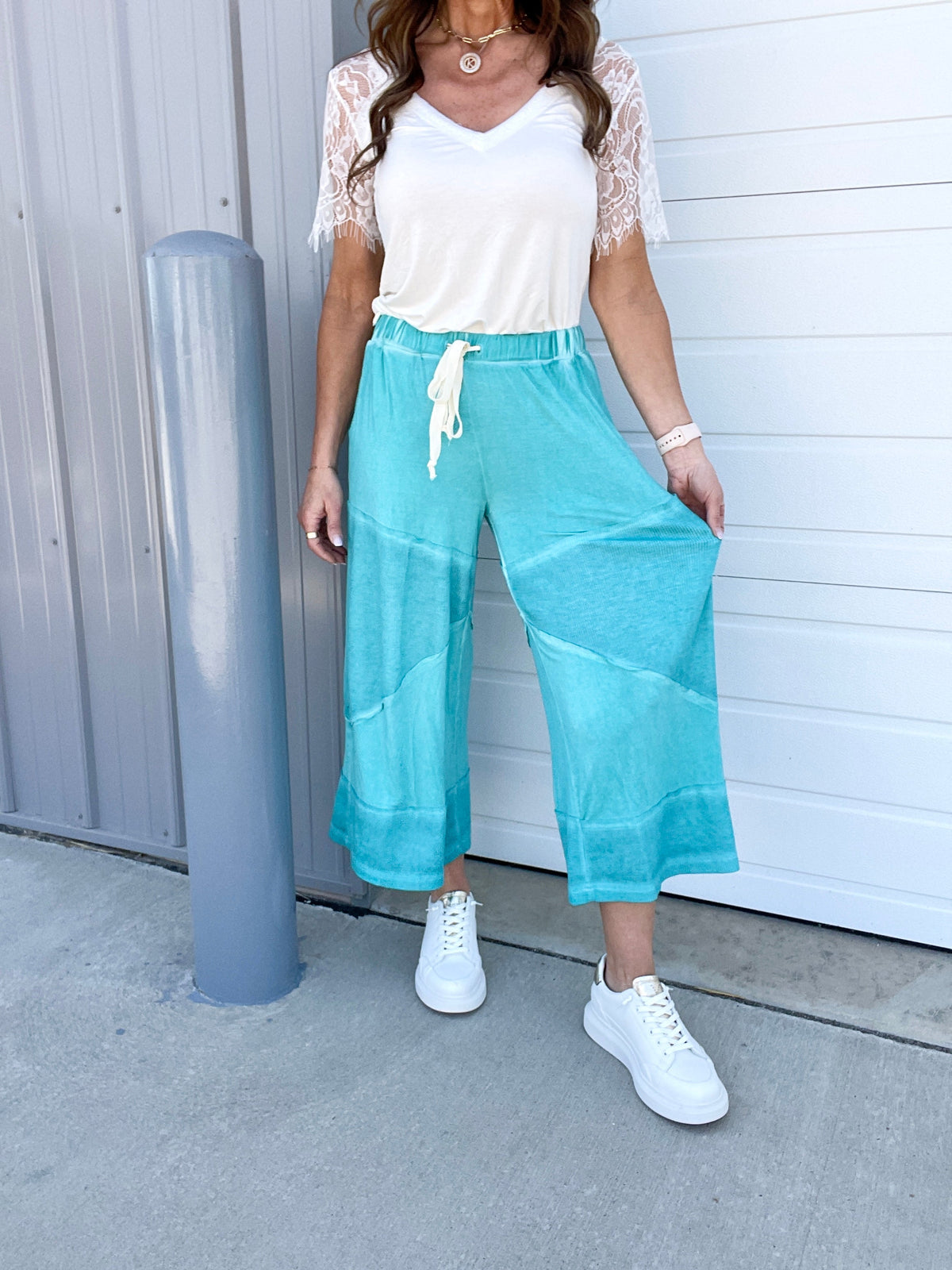 Pol Play Date Loose Wide Leg Cropped Pants In 7 Colors: Aqua, Lilac, Grey, Pink, Beige, Black, Desert Sage *Final Sale*
