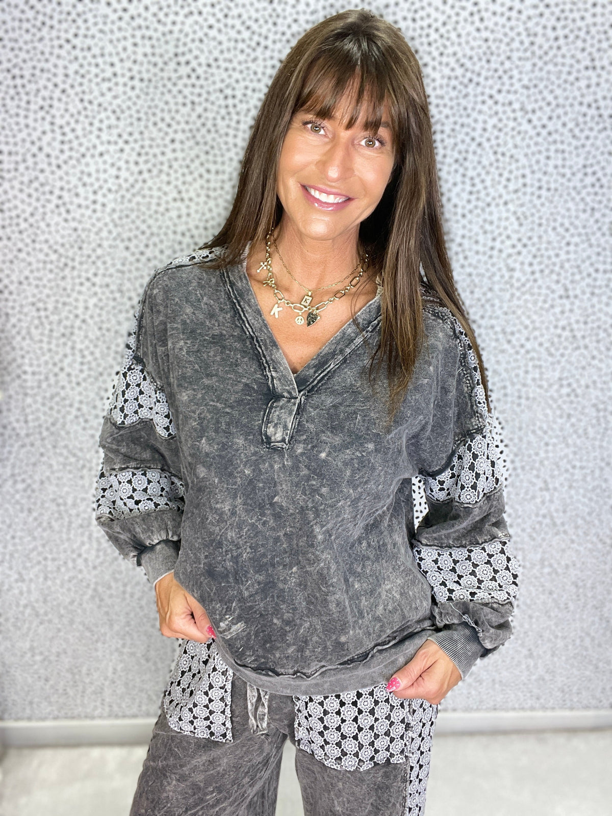 Mineral Wash V Neck Floral Detailed Terry Top In 6 Colors