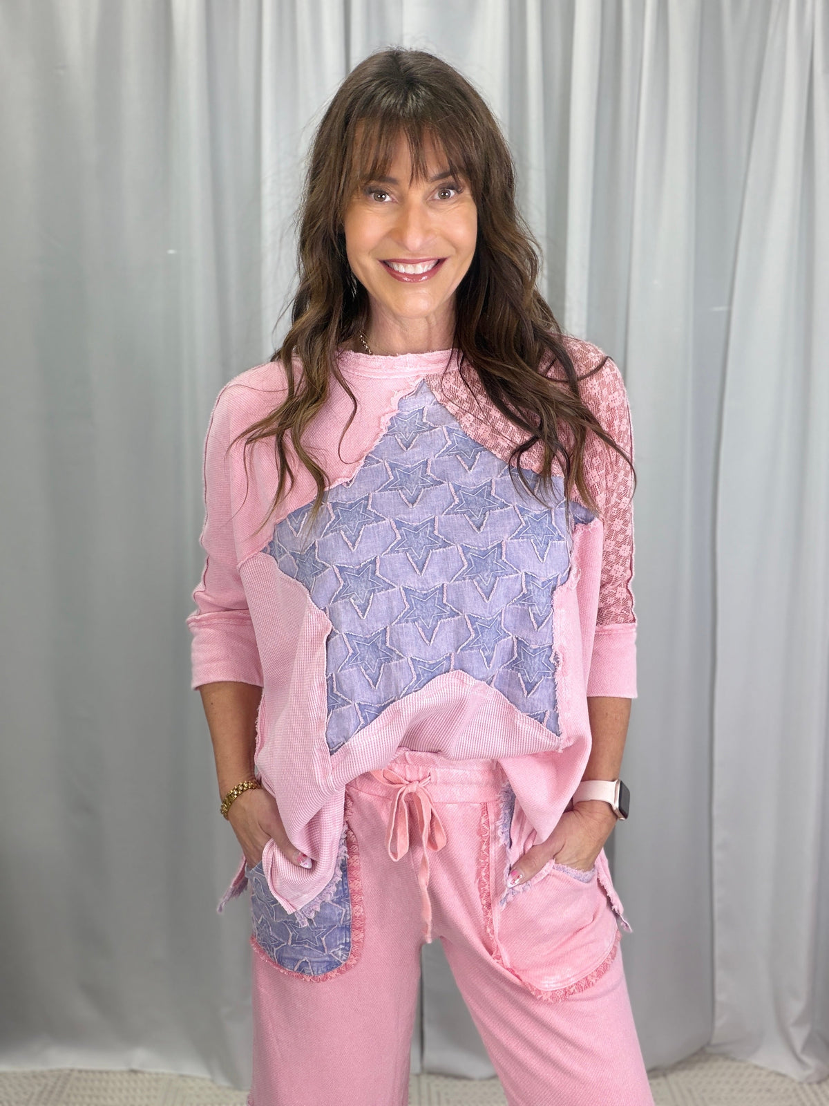 Star Patchwork Quarter Sleeve Top In 3 Colors