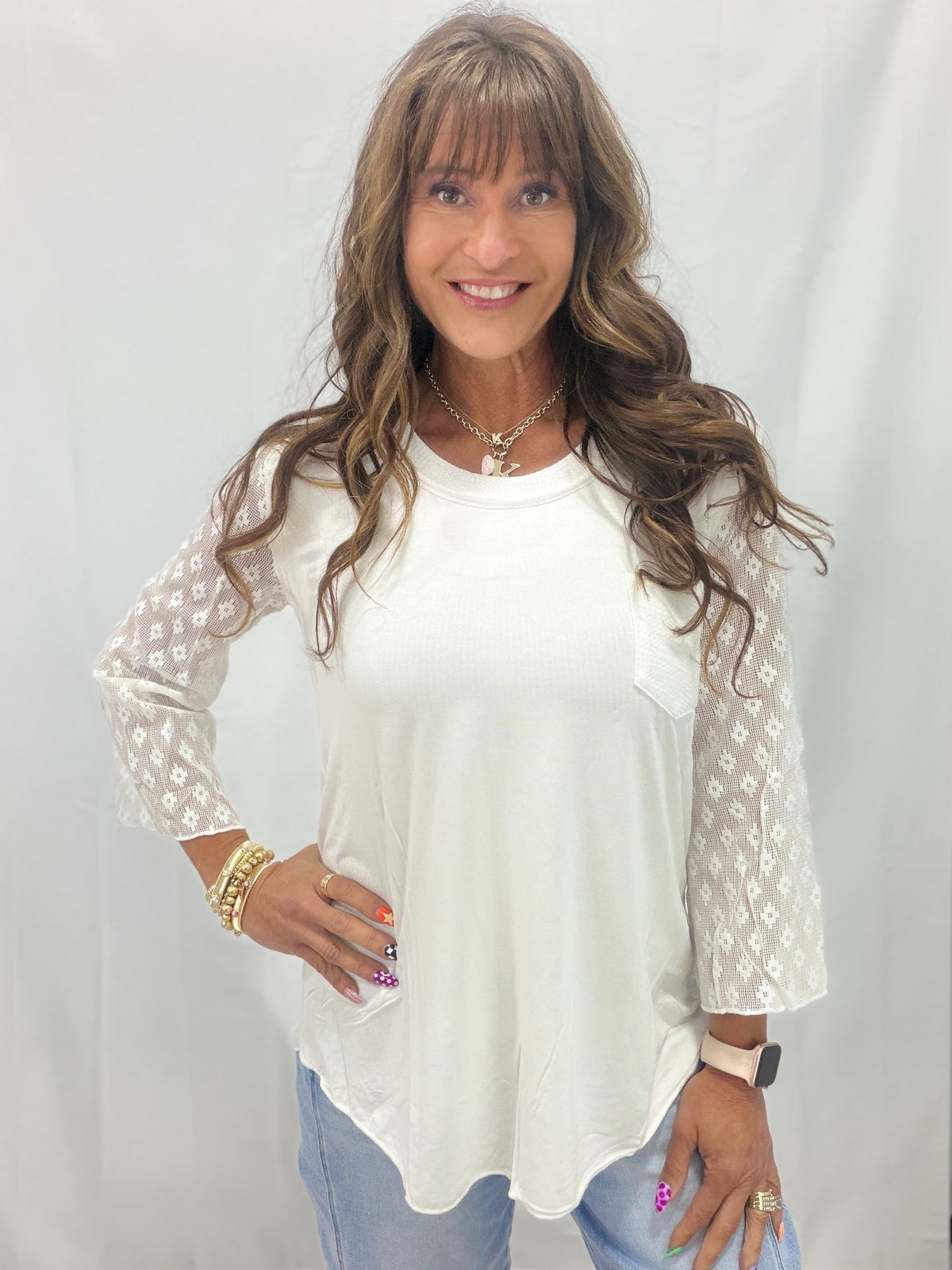Pol Calm Whisper Lace Sleeve Top In 2 Colors