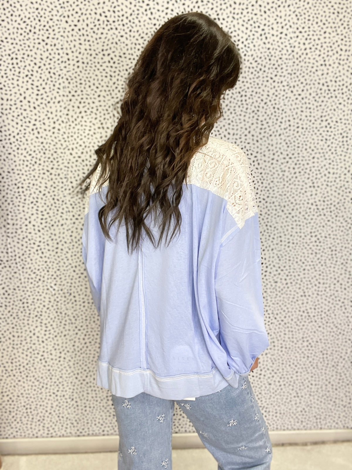 POL Out On The Tracks Lace Patch Long Sleeve Top In Blue