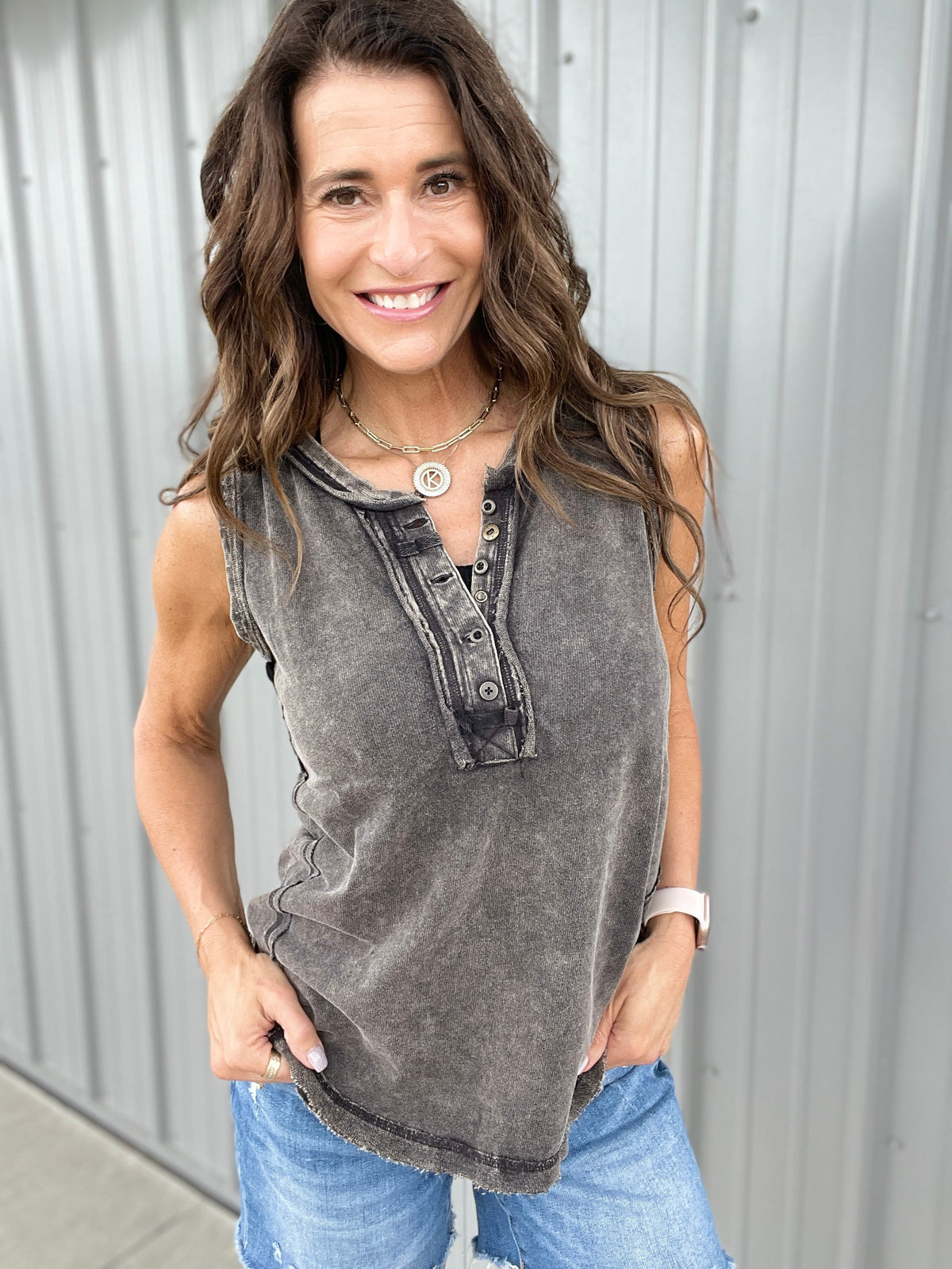 Summer Time Slip Away Sleeveless Henley Raw Edge Top In 8 Colors *Final Sale*