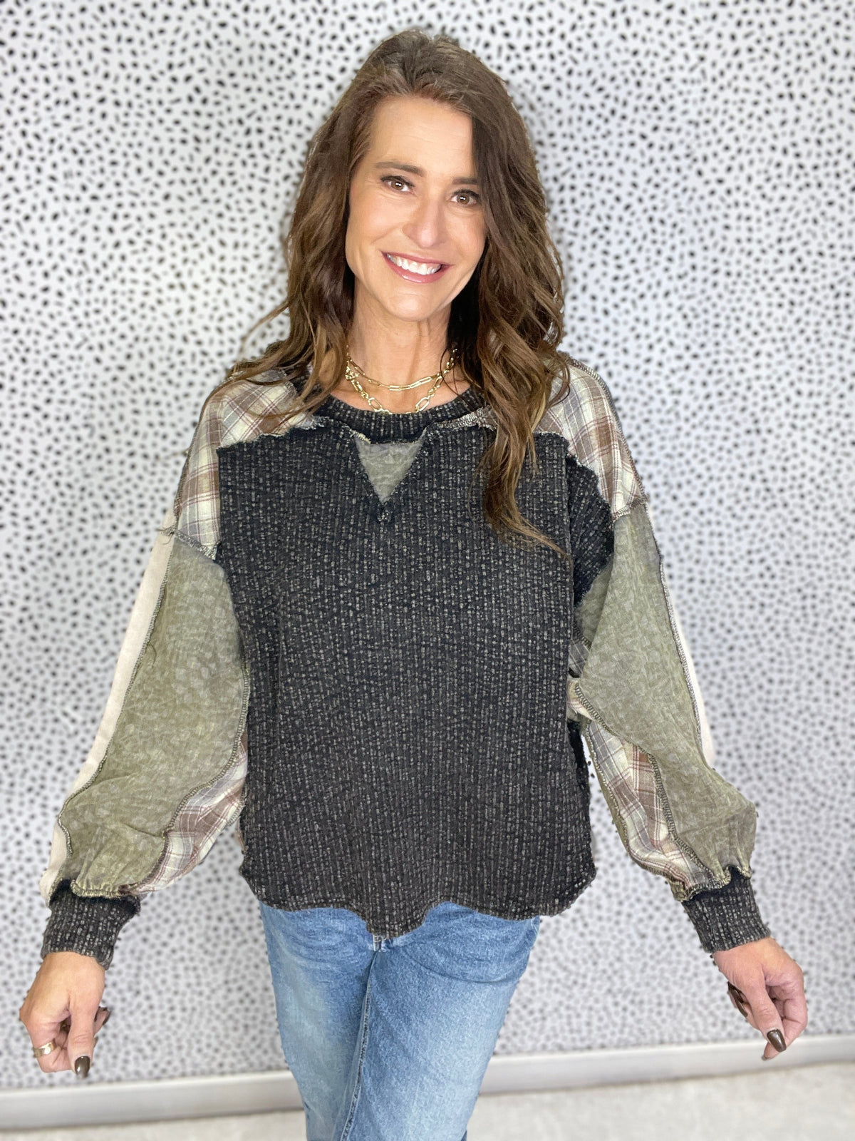 Oli & Hali Many Places Washed Plaid Mix Oversize Top In Black