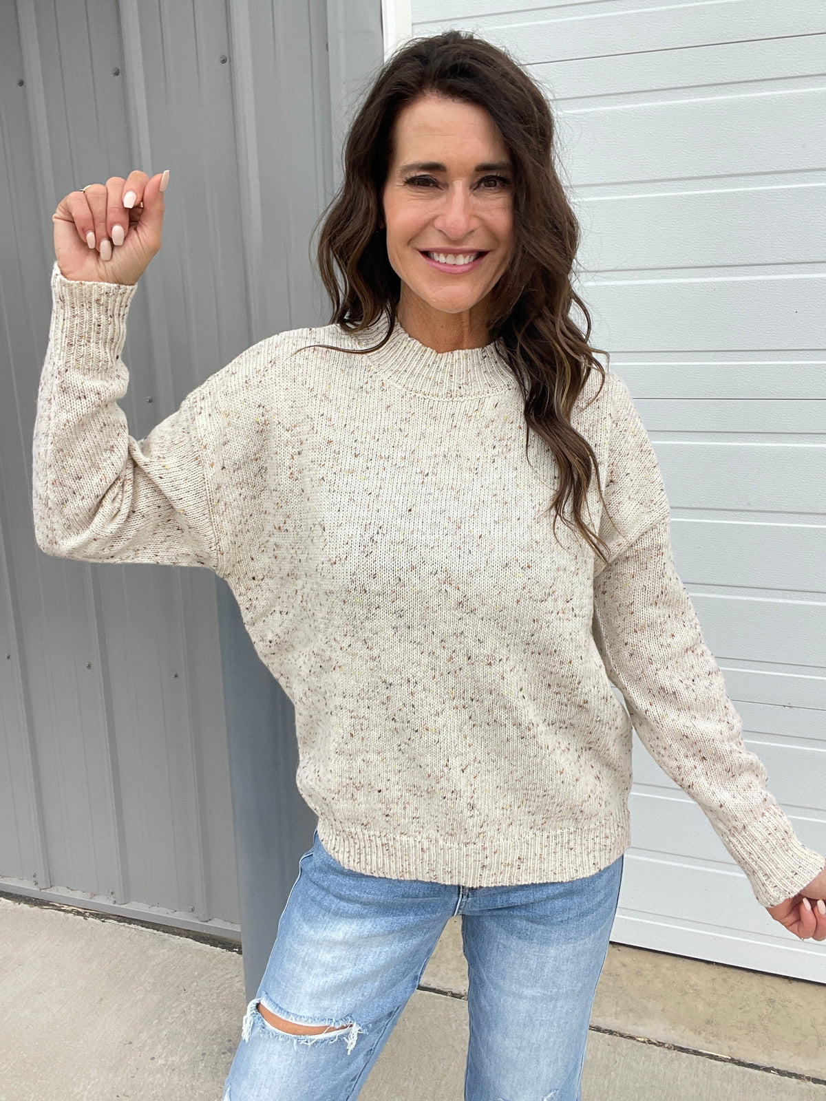 Give In Long Sleeve Speckled Sweater In 2 Colors: Oatmeal, Brown
