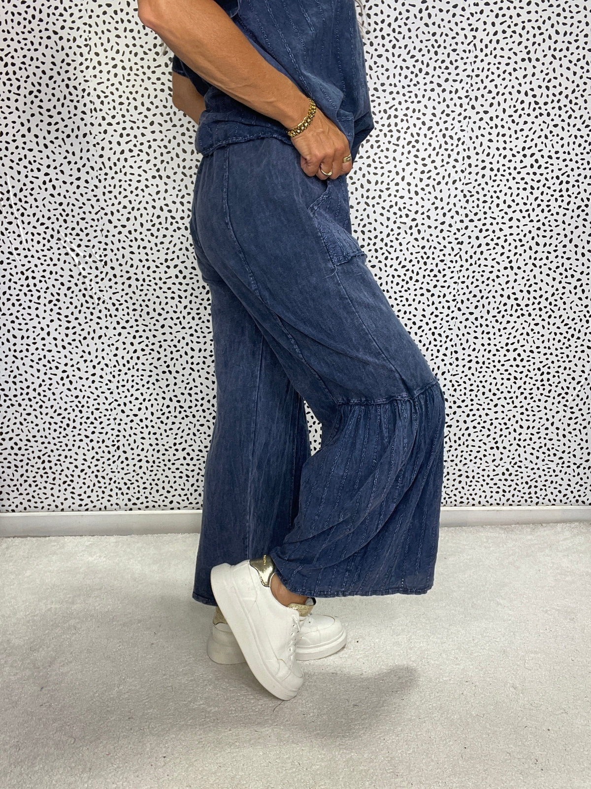 Mineral Washed Floral Eyelet Tiered Wide Leg Pants in 2 Colors *Final Sale*