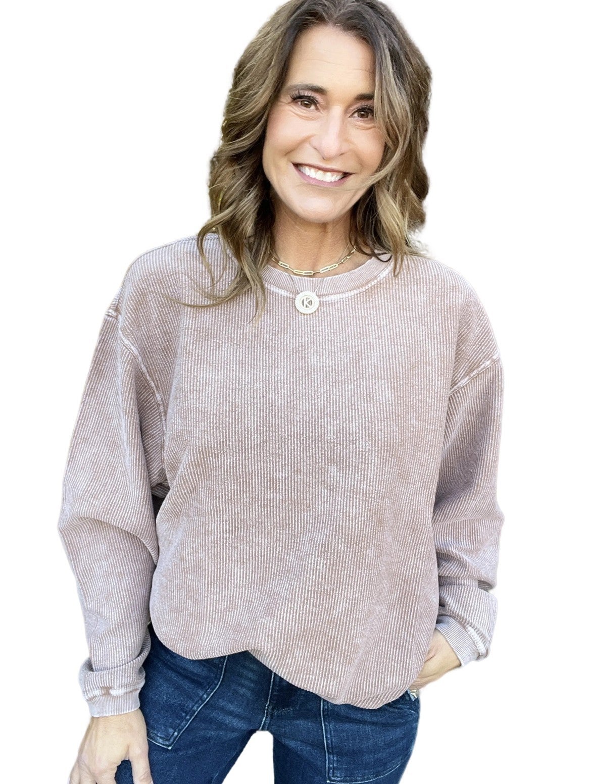 Snow Washed Corded Crew Sweatshirt in Toffee