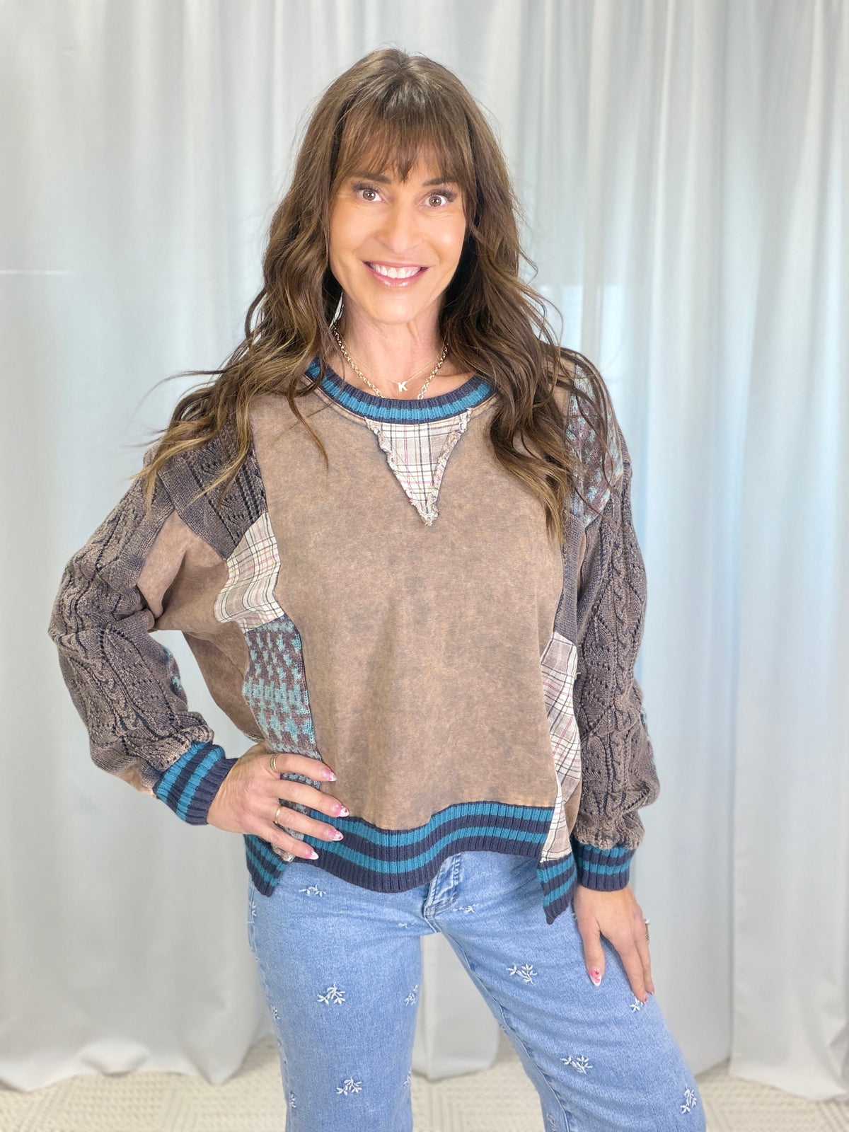 Oli & Hali Patchwork Cozy Crew In Charcoal *Final Sale*