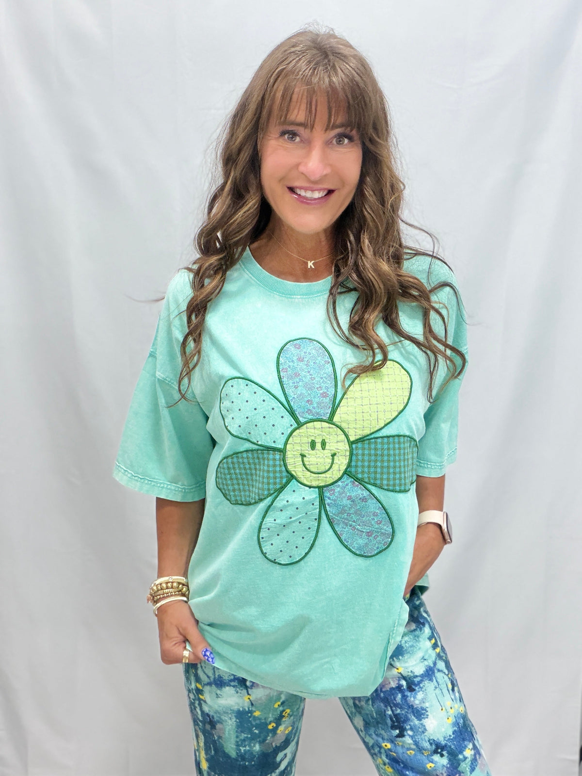 Take The Hint Floral Smiley Face Patch Top In 2 Colors