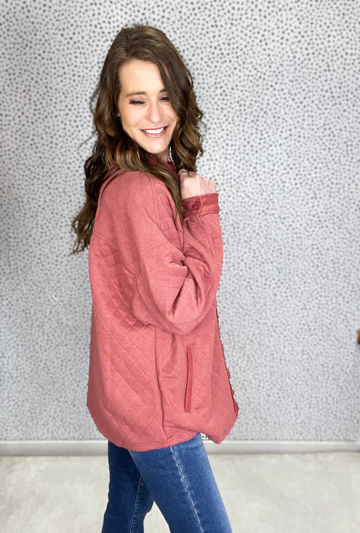 All I Need Oversized Quilted Knit Shacket In Marsala *Final Sale*
