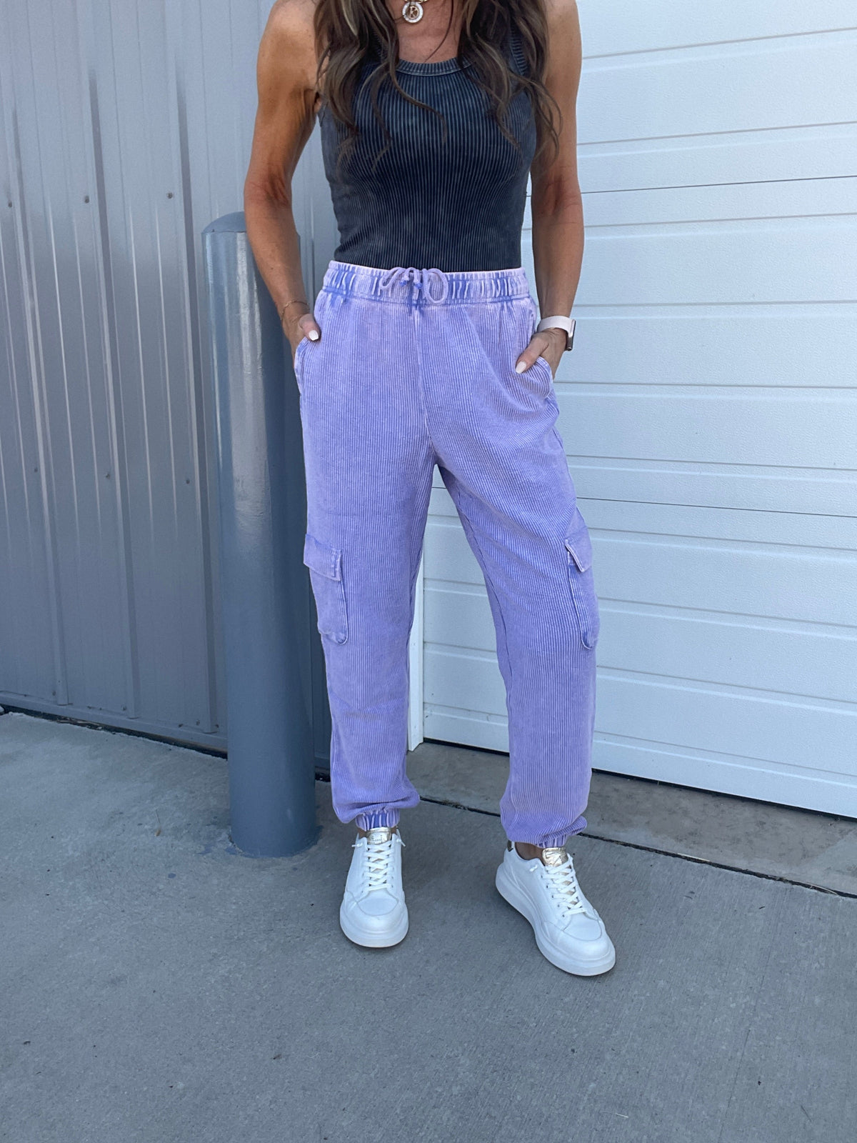 Corded Snow Washed Relaxed Jogger In 3 Colors: Black, Light Mocha, Light Purple
