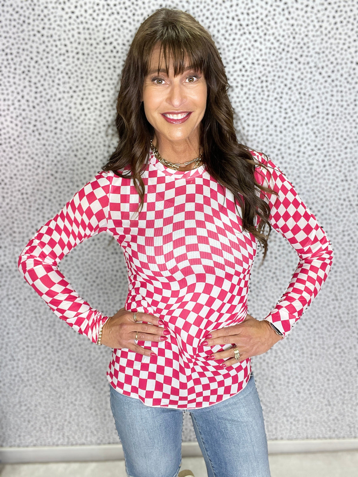 Gracie P Rose Checkered Pattern Mesh Mock Neck Long Sleeve Top