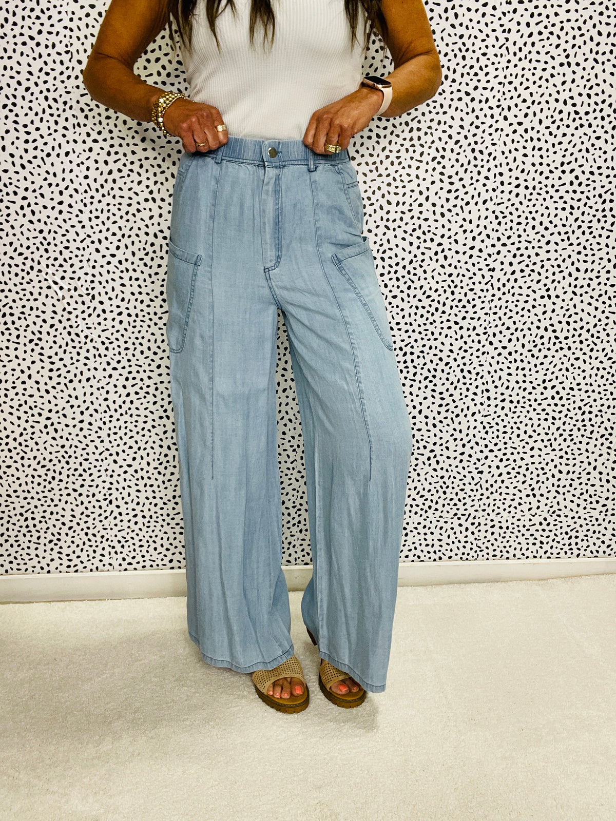 Count Out Loud Washed Chambray Wide Pants In 2 Colors