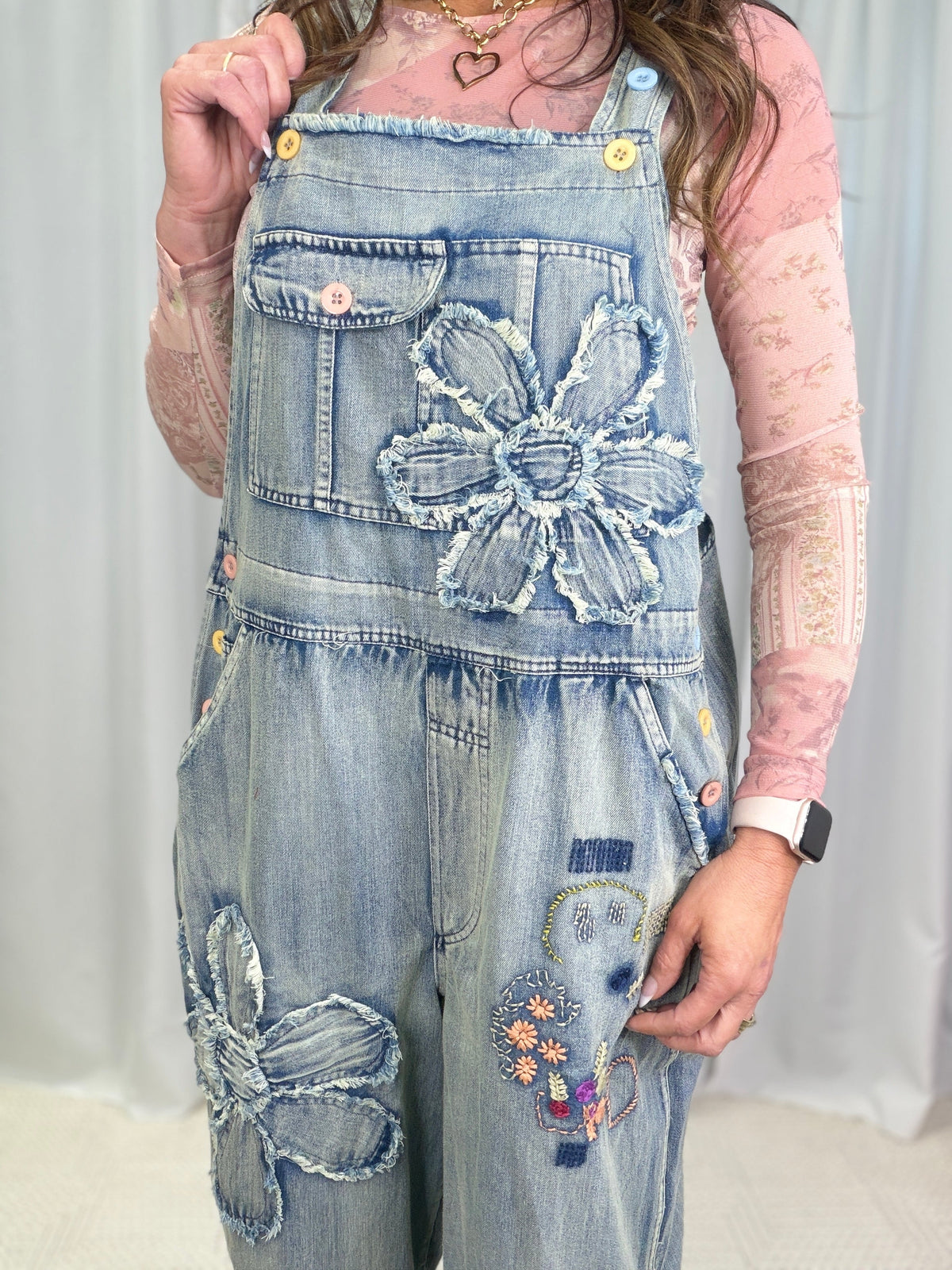 Flower Patchwork Overalls In Denim