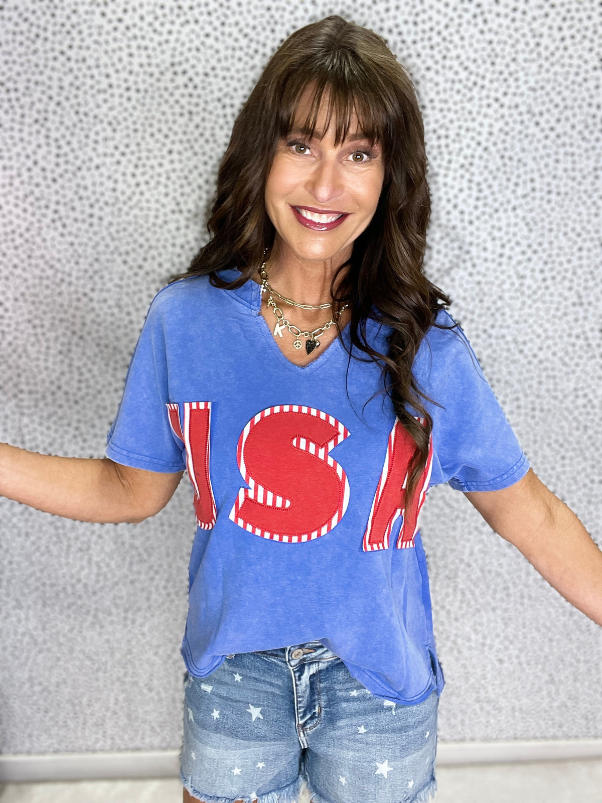 Gracie P Sky Blue USA Patch Mineral Wash Notch V Neck Vintage Graphic T Shirt