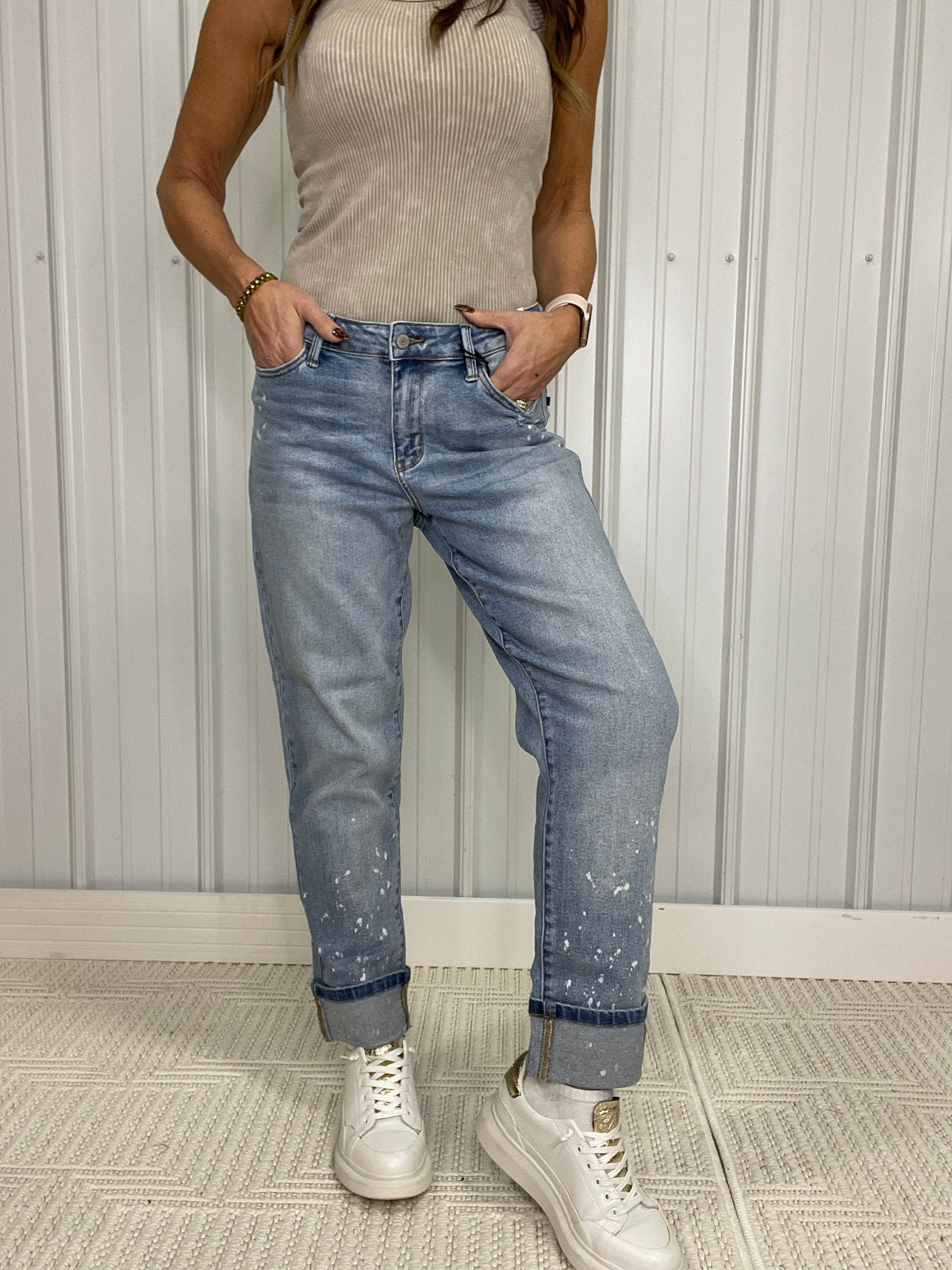 Judy Blue Victoria Bleach Splatter Single Cuff & Destroy Boyfriend Jeans 519 In Medium