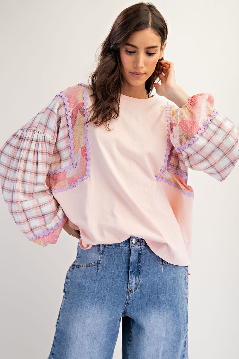 Work And Play All Day Long Sleeve Print Mix Top In 2 Colors