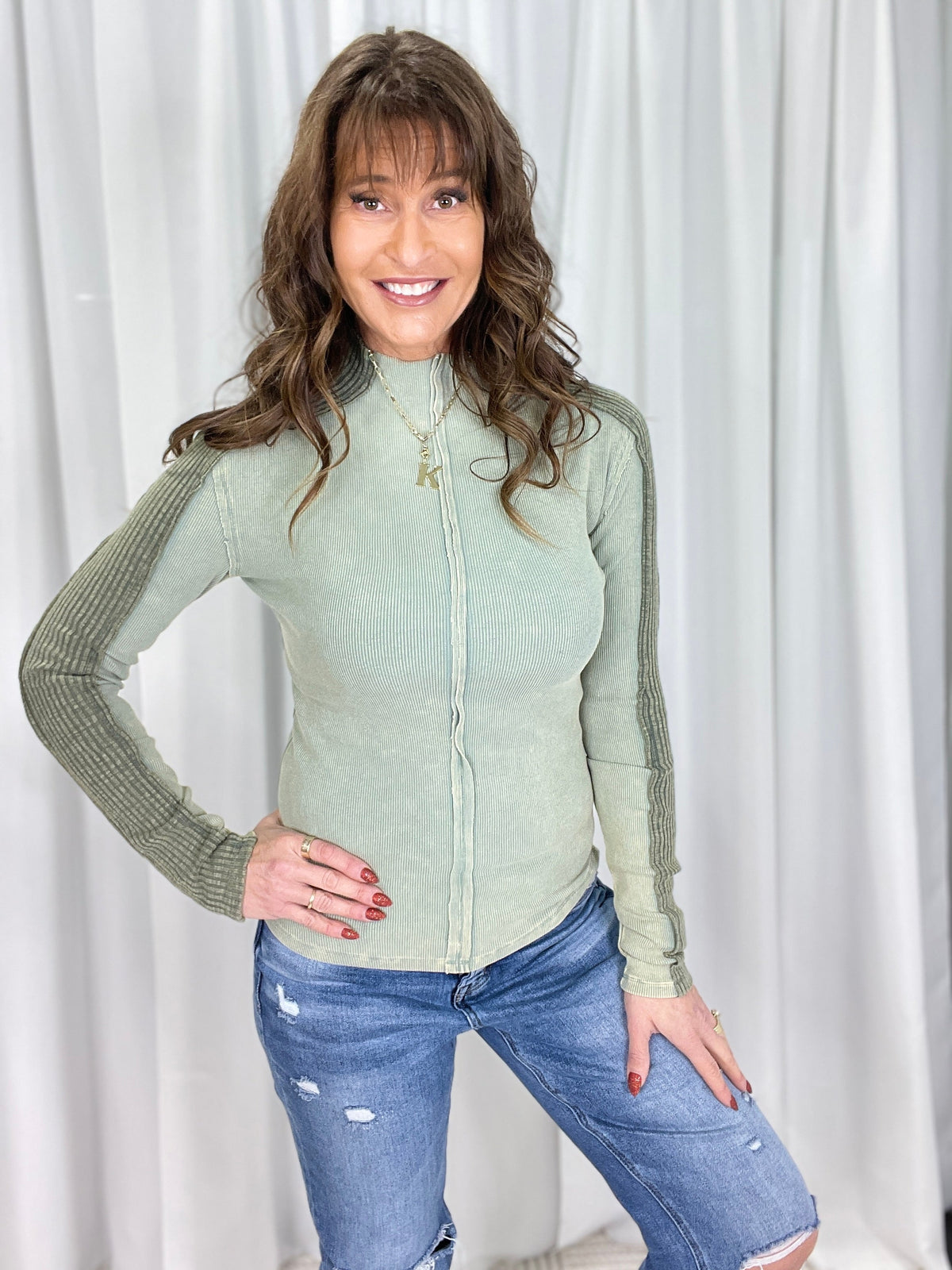Oli & Hali Unscripted Story Funnel Neck Waffle Top In 3 Colors